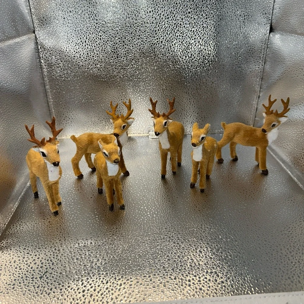 Deer buck fawn faux fur Set of 6 Brown and White Reindeer Figurines - Picture 1 of 10